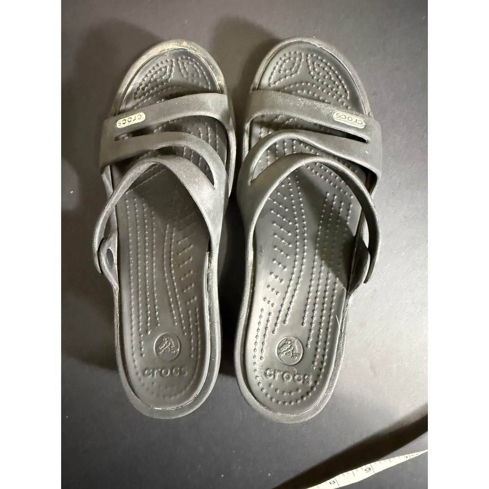 Crocs Patricia Black Wedge Sandals Strappy Slide Shoes Womens Size 6 W6